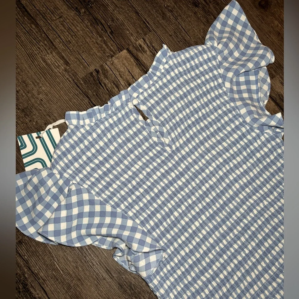 NWT Market & Spruce Light Blue & White Gingham Short Sleeve Smocked Blouse Small - Picture 10 of 12